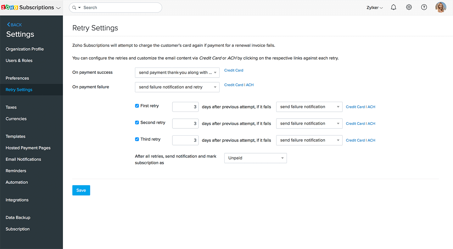 Dunning management in Zoho Subscriptions