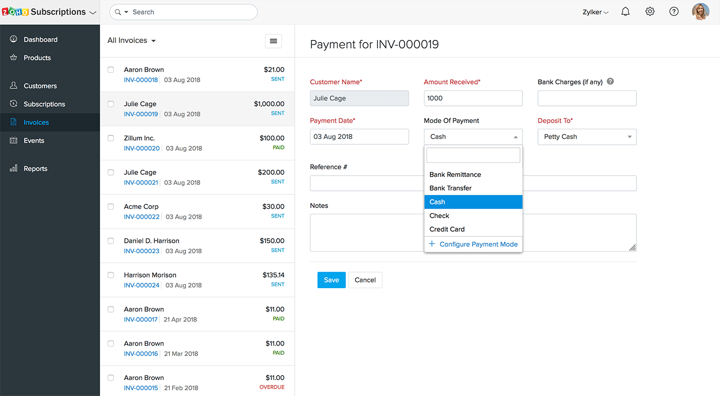 Payment methods for invoices