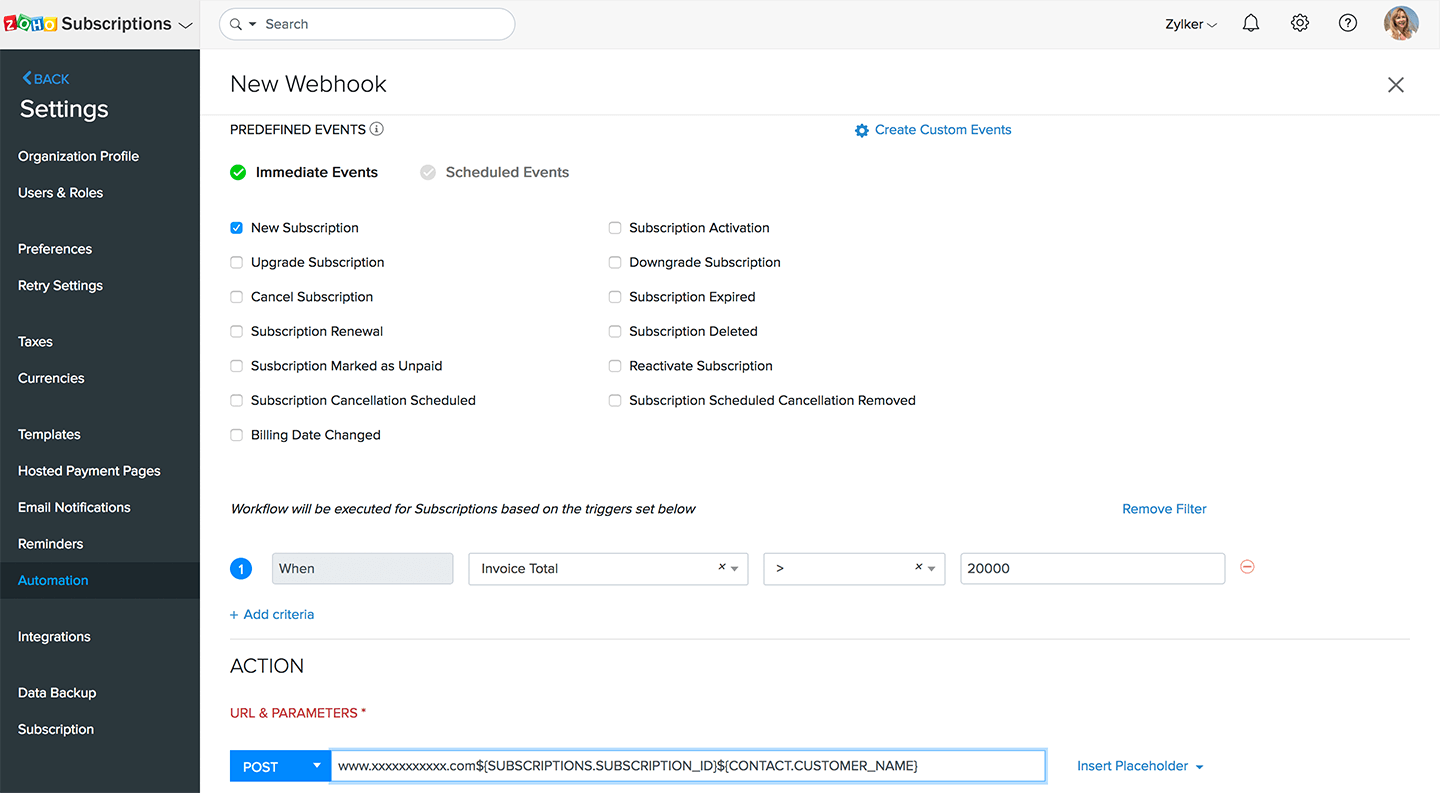 Creating web hooks in Zoho Subscriptions