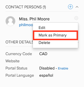 Mark as primary - Contact Person