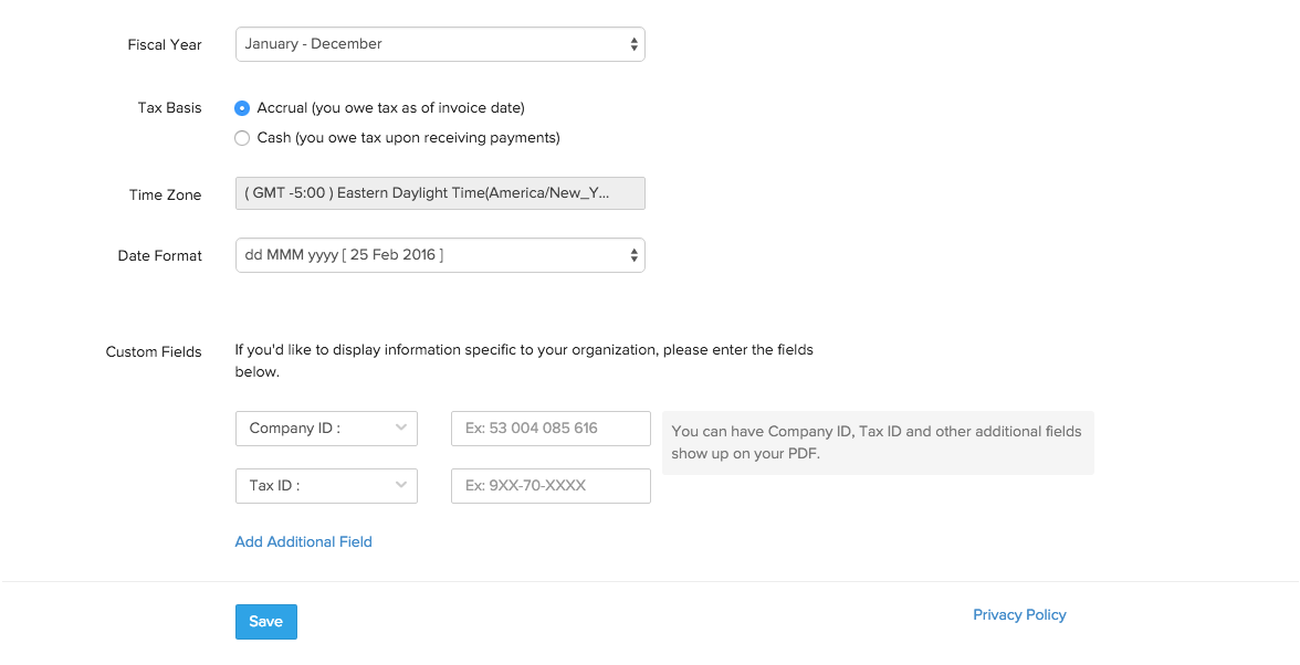 Organization Profile - Help doc | Zoho Subscriptions