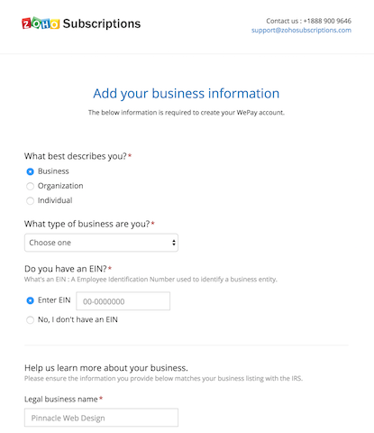 WePay business information profile