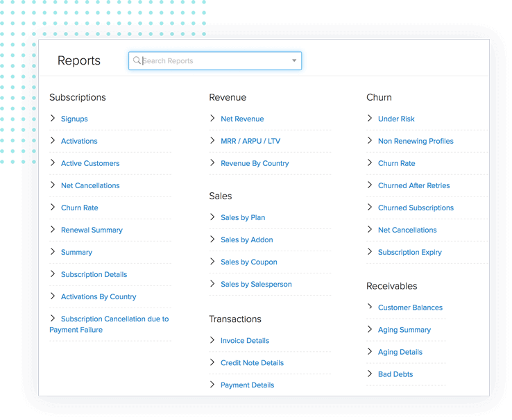 Zoho Subscriptions saas metirics