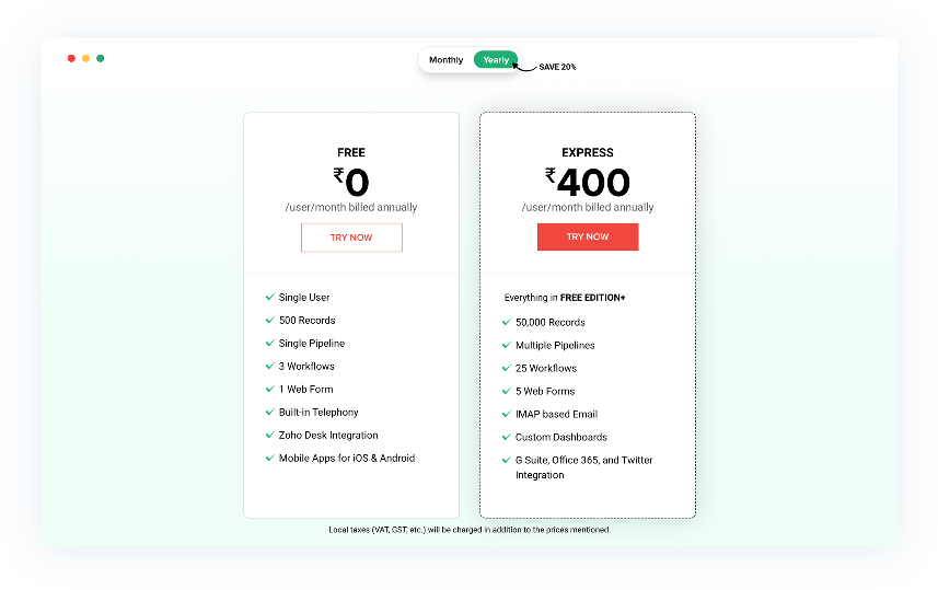 Example of freemium pricing model - Zoho Invoice