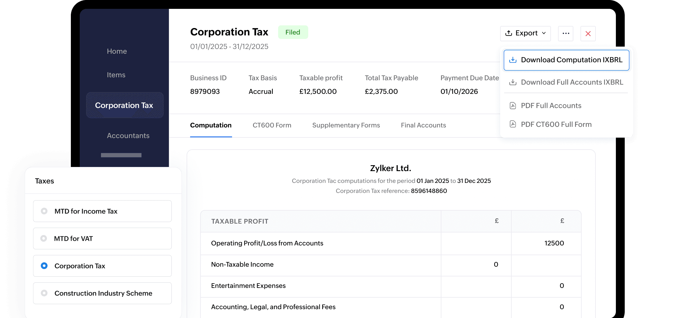 Corporation Tax computation form with export options in Zoho Books