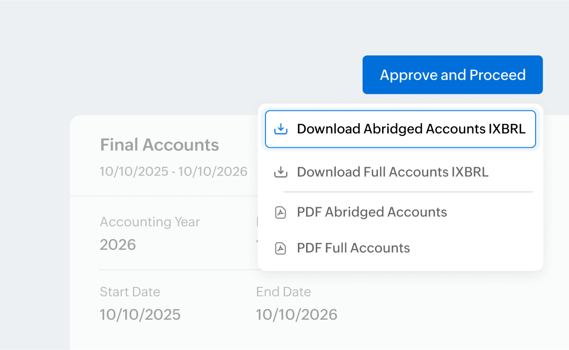 Download options for abridged and full Final Accounts in iXBRL and PDF formats in Zoho Books