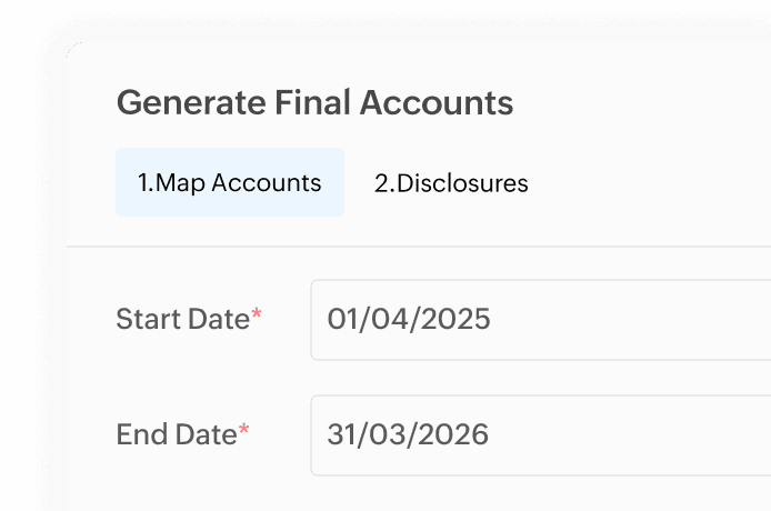 Start date and end date fields for generating a Final Accounts report in Zoho Books