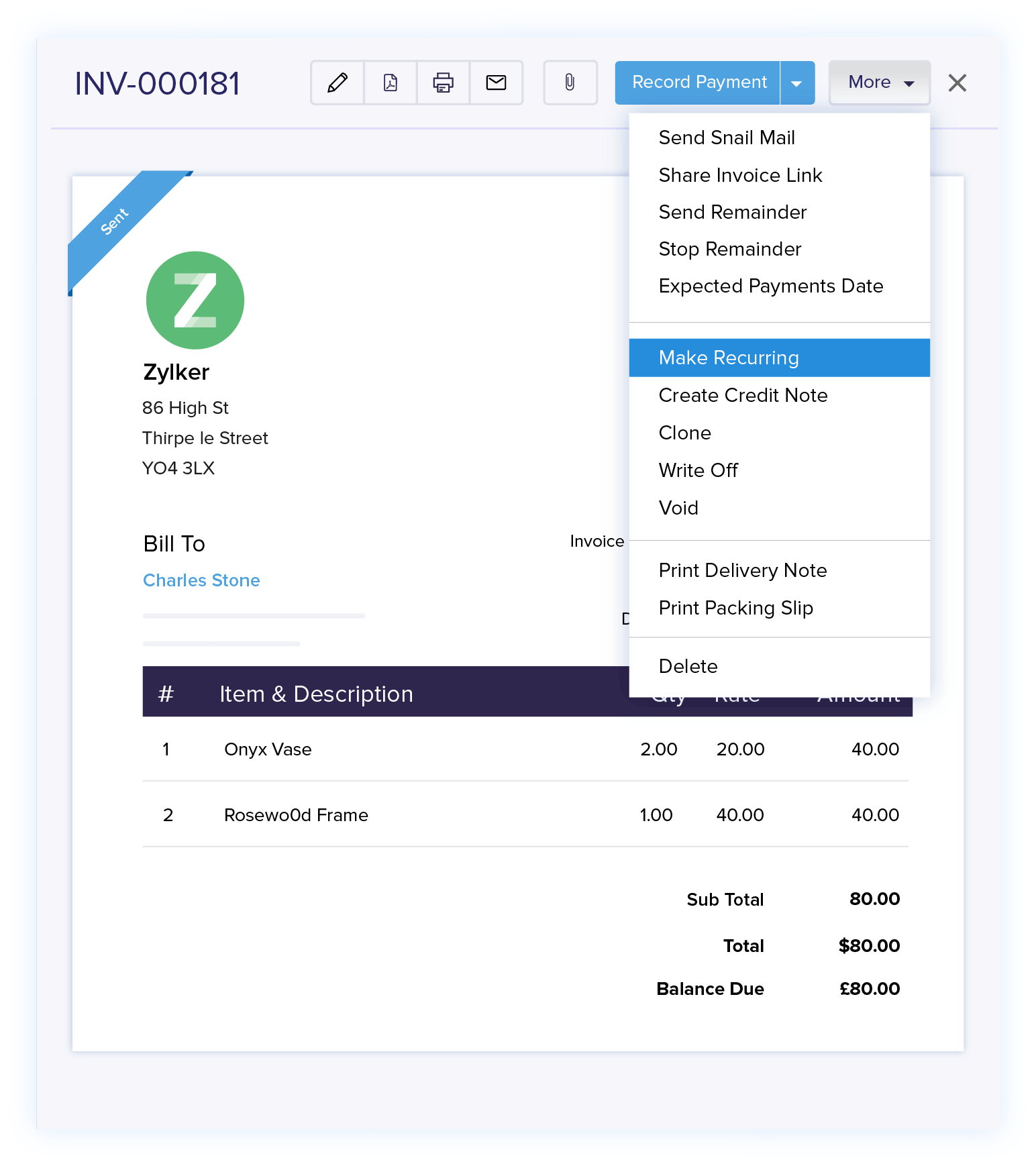 zoho invoices