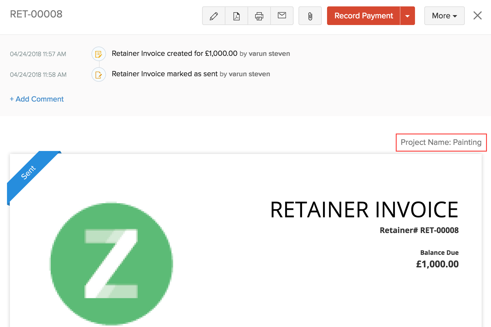 Retainer Invoice in Project
