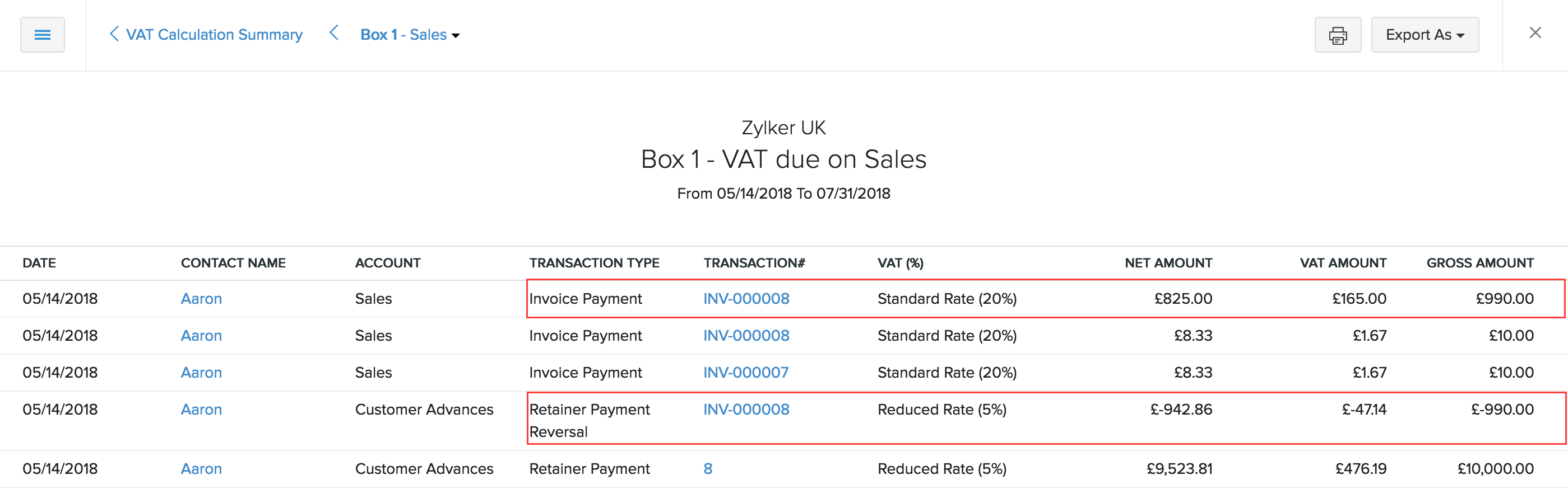 VAT Calculation Summary