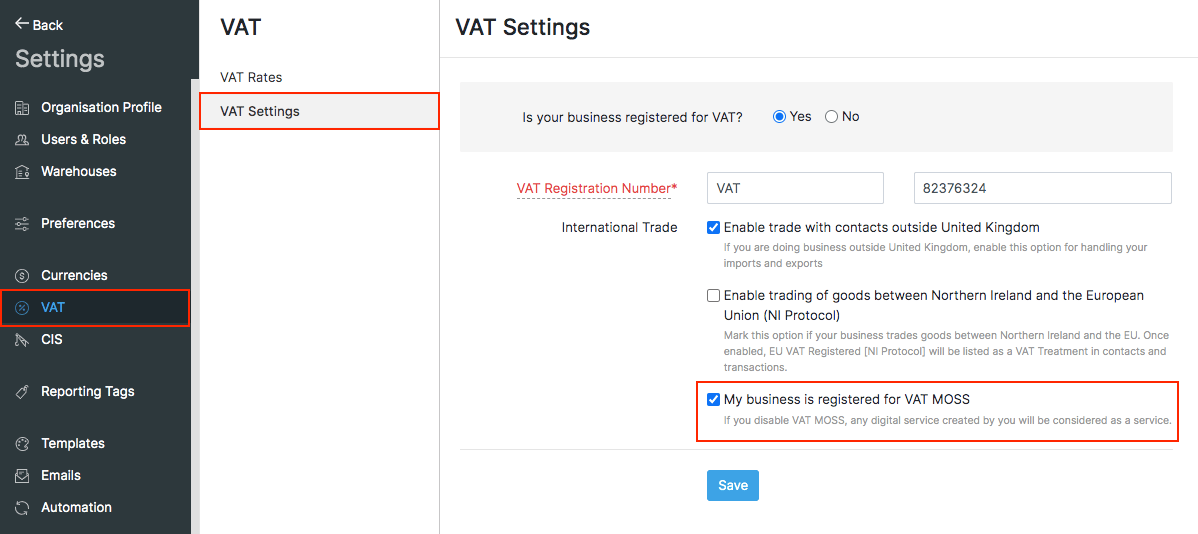 Enabling VAT MOSS in Zoho Inventory