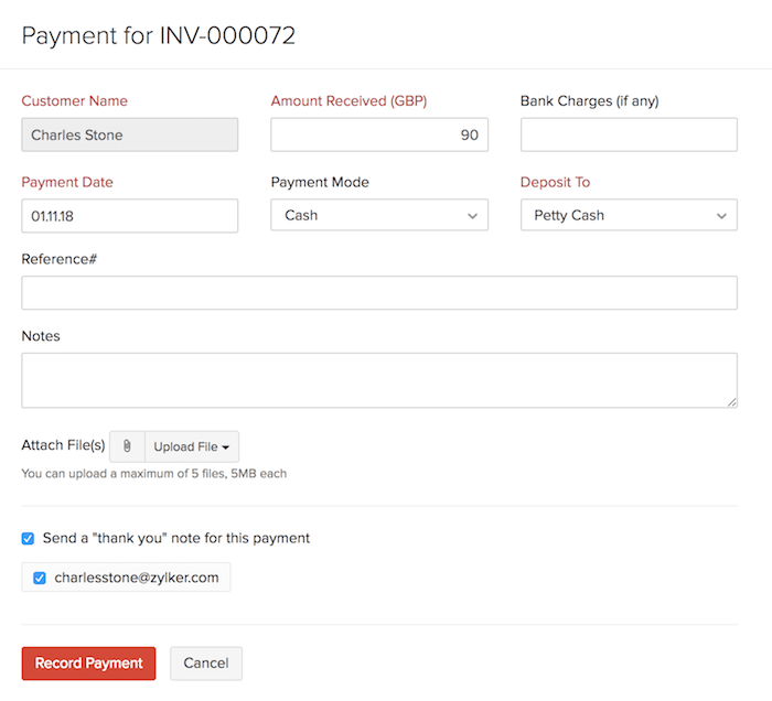 Record Payment for invoice page