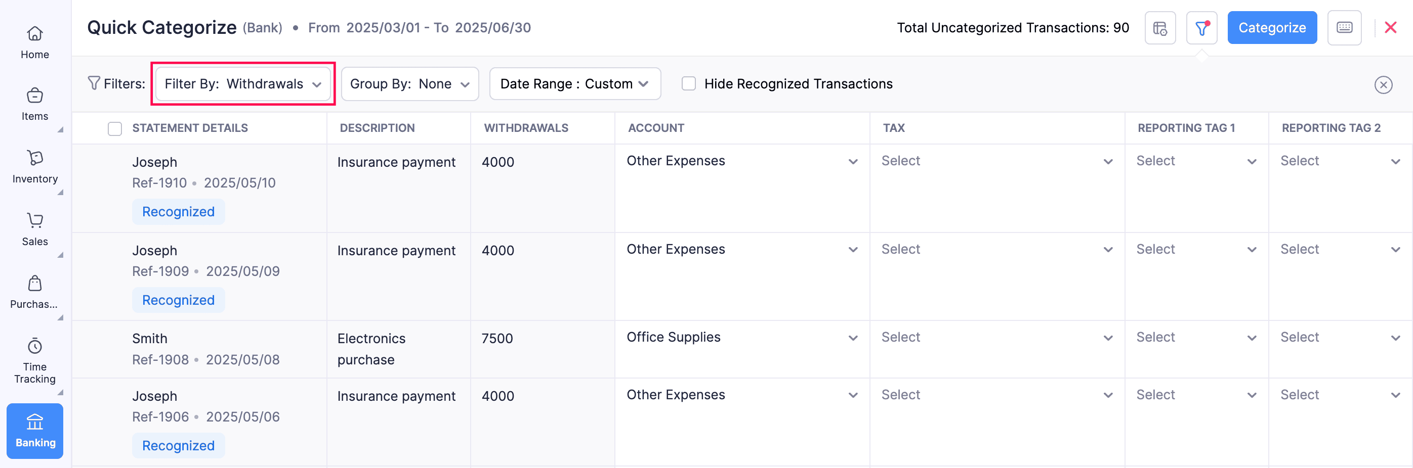 Filter Bank Transactions