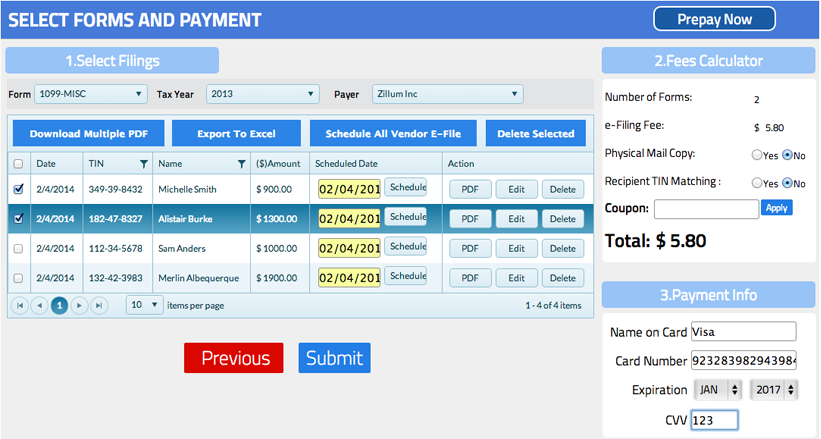 Select forms and payment