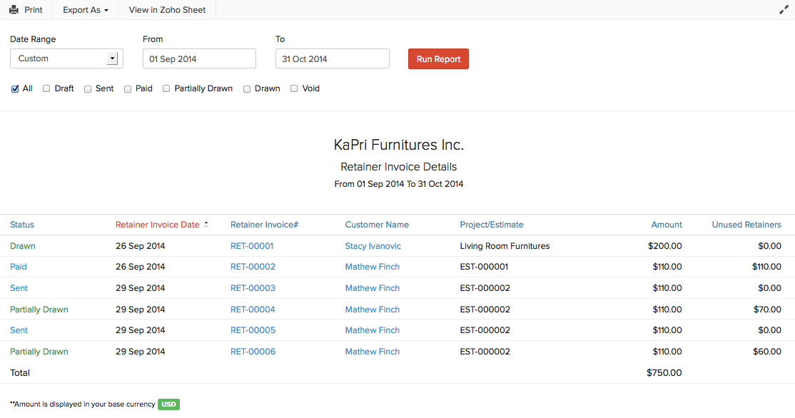 Reports for Retainer Invoices | Help | Zoho Books