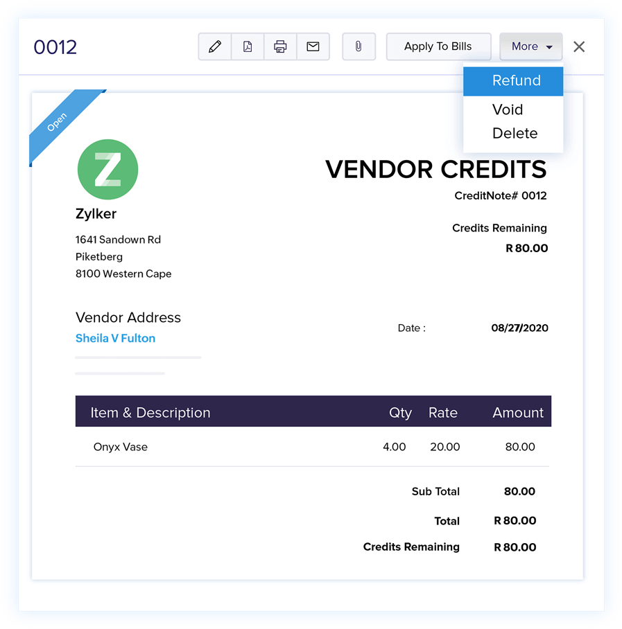 Vendor Credits - Online Billing Management Software | Zoho Books